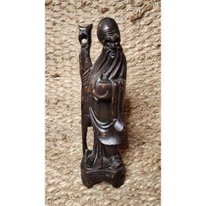 Vintage Dark Wood Hand Carved Asian Man Sculpture Chinese Wise Man 12"